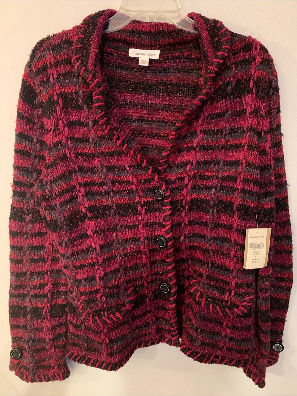 Coldwater Creek Plaid Boucle Textured Button-Front Collar Cardigan M NWT